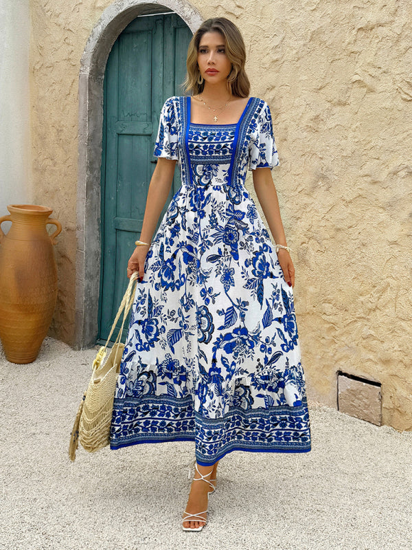 Holiday Blue Floral Print A-Line Maxi Dress