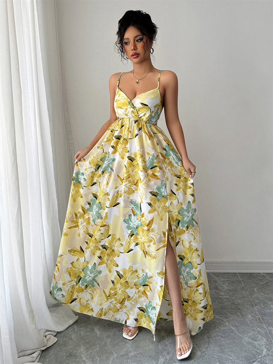 Fashionable and elegant suspender printed long dress