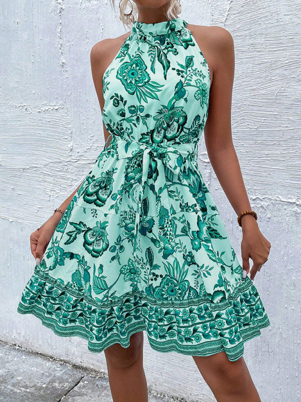 Fashion floral waist halter neck dress