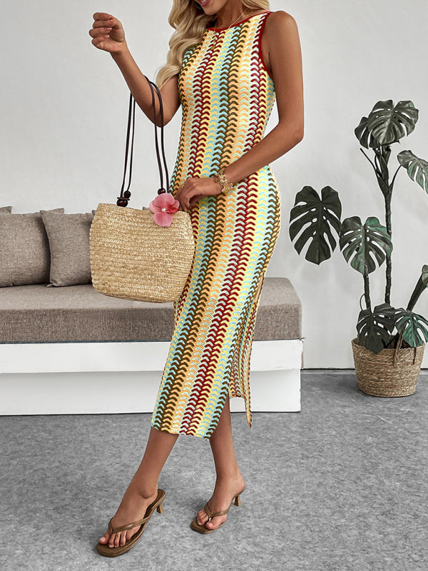 Colorful striped crochet crew neck vest sleeveless slim dress