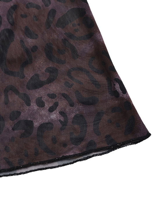 Modern Party Elegant Retro Style Off-shoulder Long Sleeve Mesh Leopard Print Dress