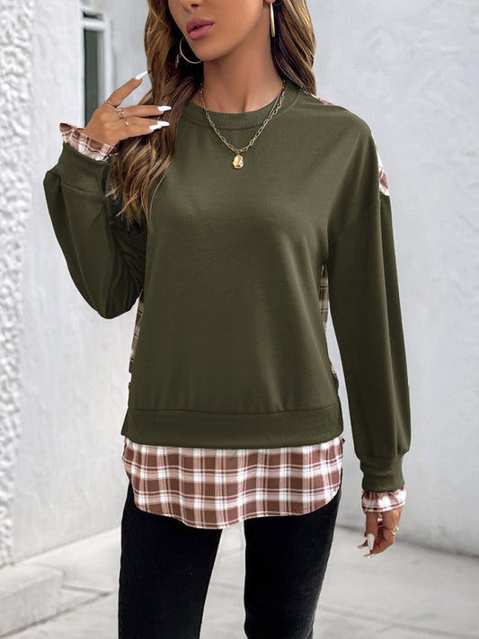 Plaid Stitching Pullover Sweatshirt - Round Neck Knit Top Olive green