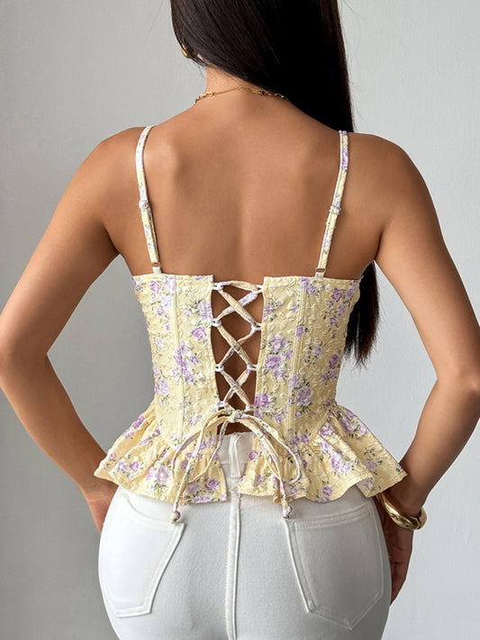 Floral Ruffled Backless Lace-Up Top - Lightweight Summer Blouse