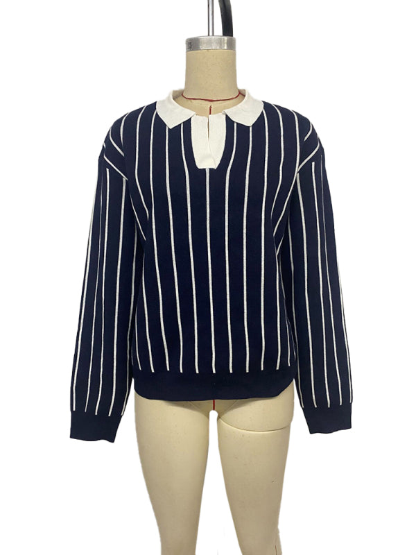 Striped Knit Sweater - Round Neck Polyester Pullover for Women