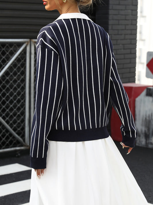 Striped Knit Sweater - Round Neck Polyester Pullover for Women