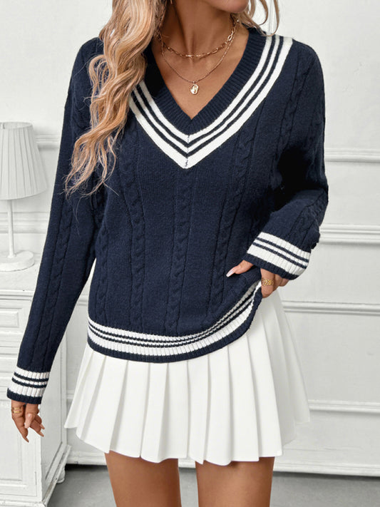 New V-neck cable knit sweater college style contrast color pullover sweater