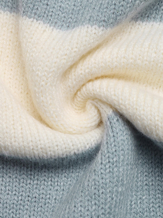 Women's Hooded Knitted Jacket Turned-edge Striped Contrast Color Sweater Zippered Cardigan