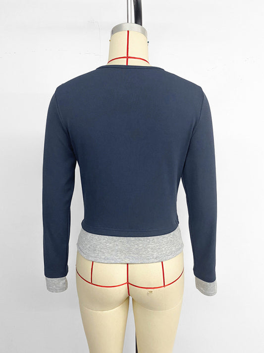 Casual round neck slim fit colorblock fake two-piece long-sleeved top