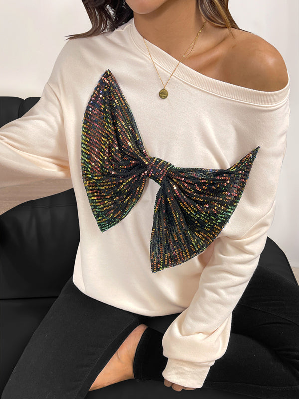 Sequined Bow Crew Neck Pullover Sweatshirt