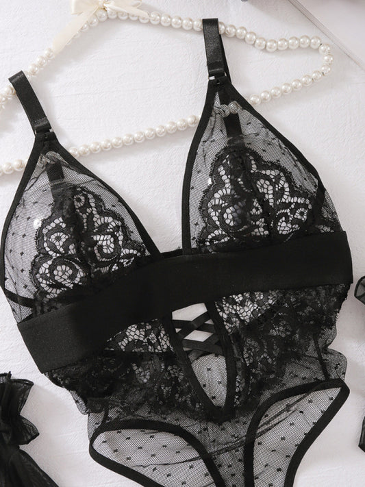 Lingerie sexy polka dot mesh lace splicing low-cut no-wire sexy jumpsuit set