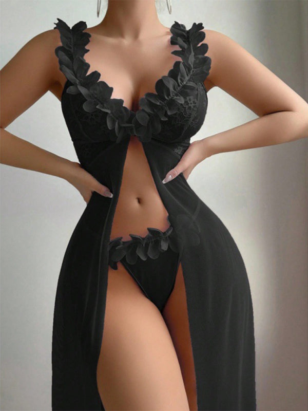 Sexy and sexy lingerie set with slits, see-through slip dress, long skirt, 2-piece set Black