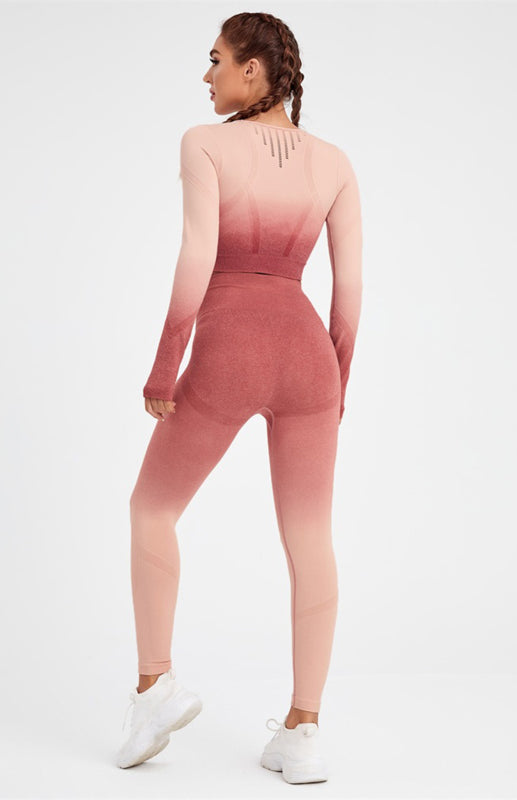 Women's Long Sleeve Gradient Yoga Set - High Waist Leggings & Top