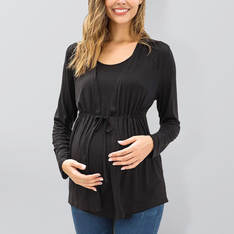 Nursing Top - Long Sleeve Tie Front Breastfeeding Maternity Top Black