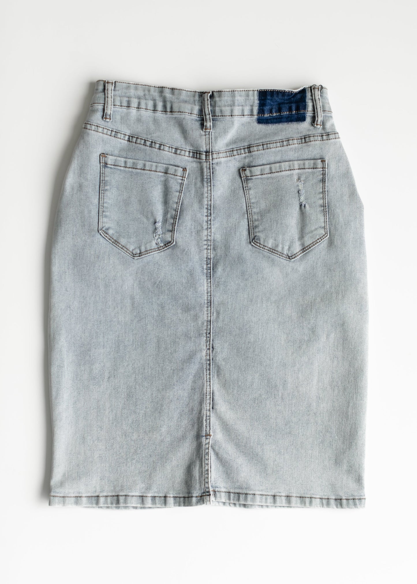 Maelia Distressed Denim Midi Skirt