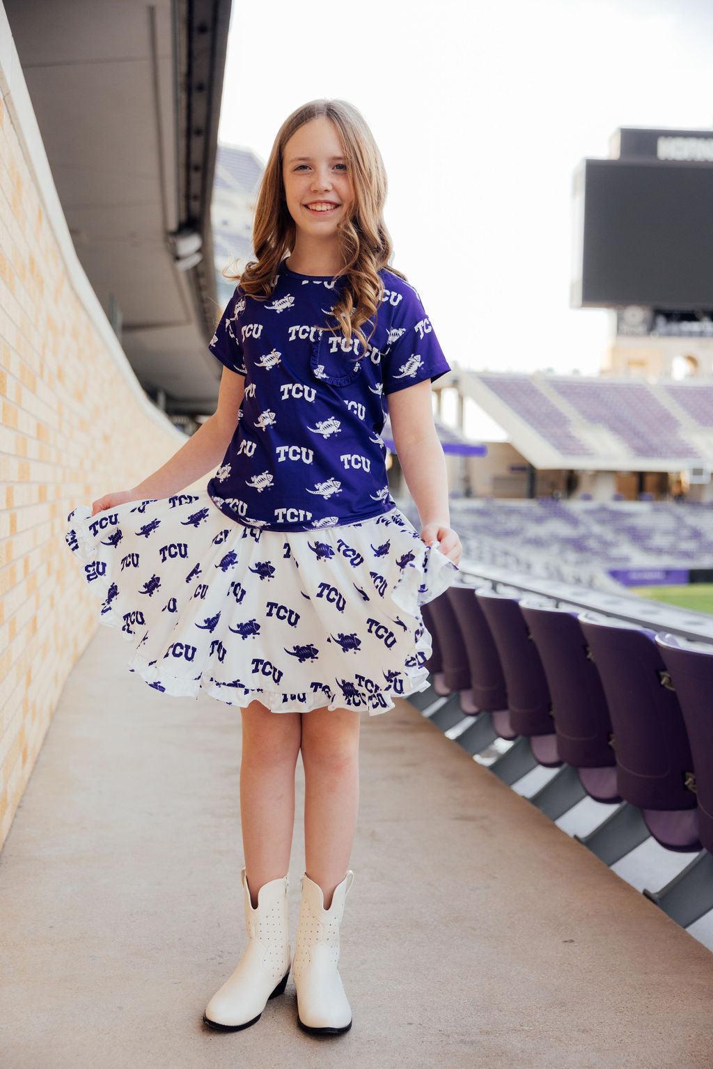 TCU Purple Frog Ruffle Pocket Tee