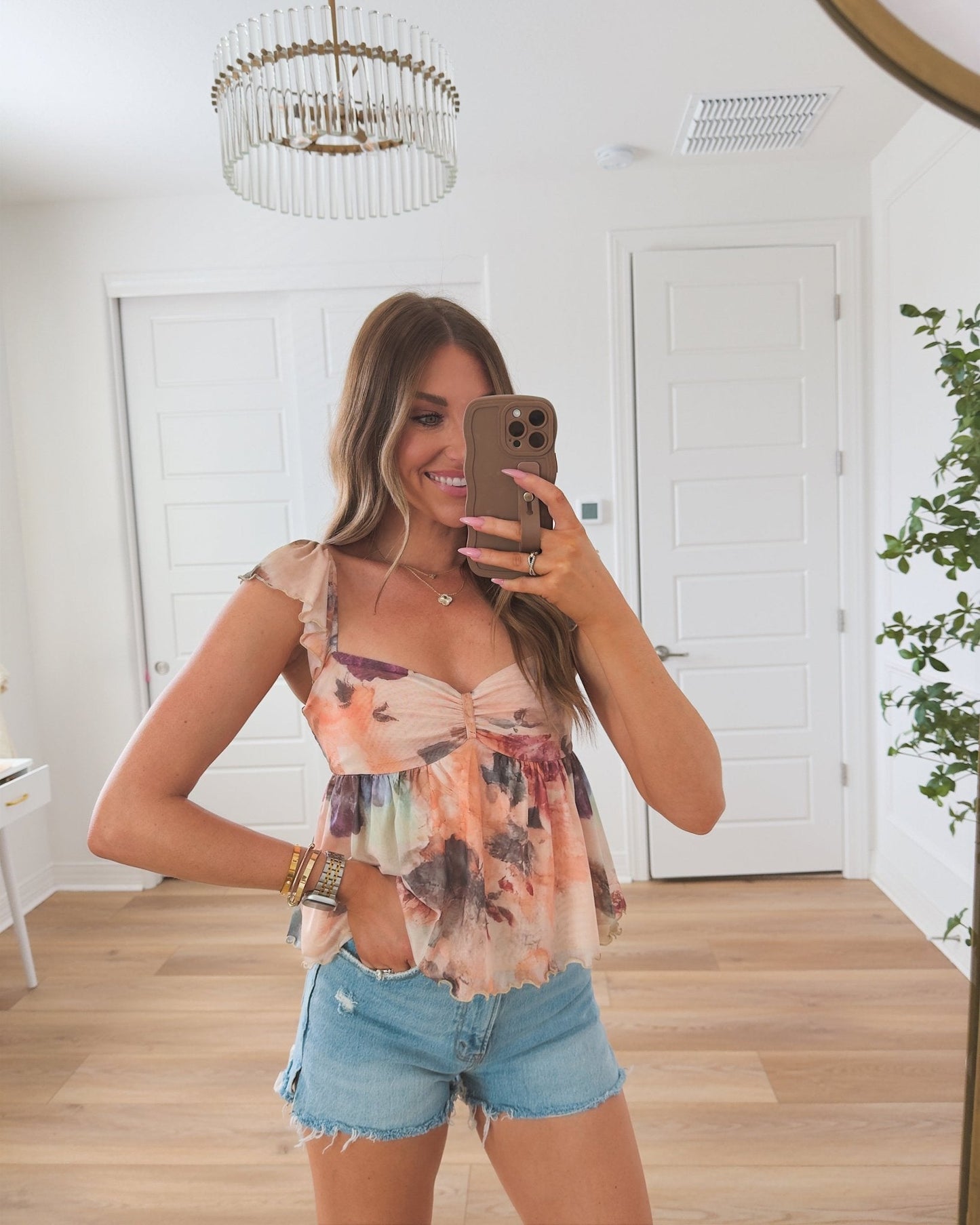 Natural Floral Print Sweetheart Babydoll Top - FINAL SALE