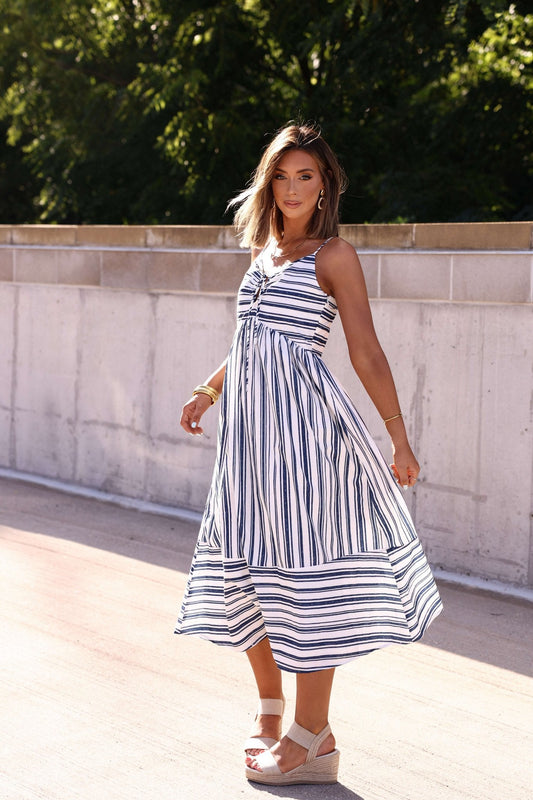 Navy and White Striped Tie Front Midi Dress - FINAL SALE