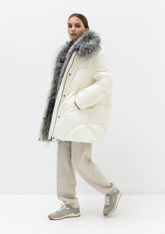 Genuine Silver Fox Fur Belted Down Parka Champagne White