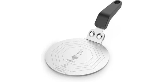 Bialetti stainless steel heat diffuser with black handle and logo, induction adapter with caution label