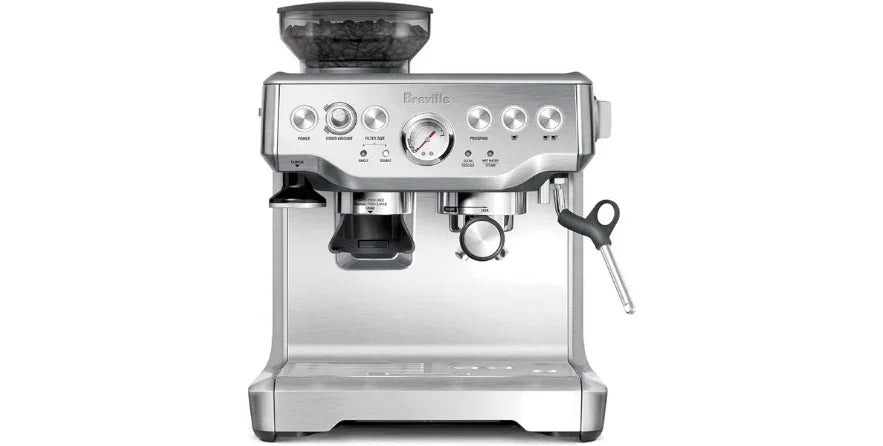 Breville Barista Express stainless steel espresso machine with built-in grinder and steam wand