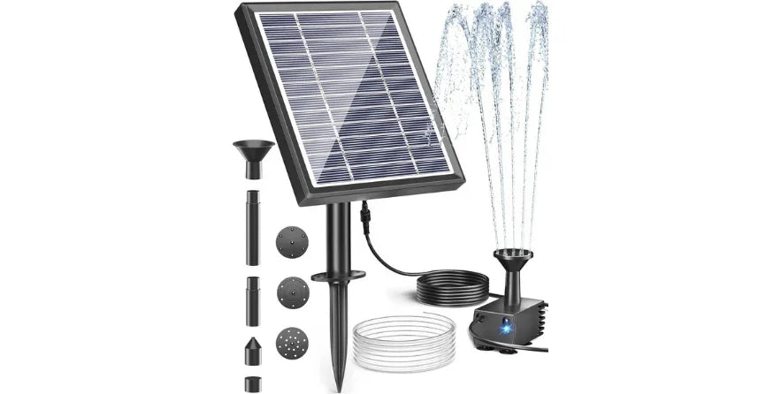 Solar-powered water fountain pump kit with panel, tubing, and multiple nozzle heads