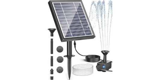 Solar-powered water fountain pump kit with panel, tubing, and multiple nozzle heads