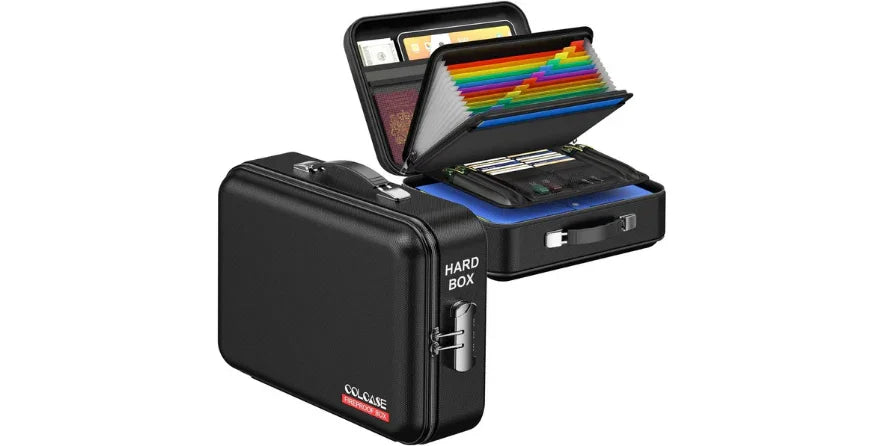 Black fireproof hard document box with colorful file folders, card slots, and secure lock