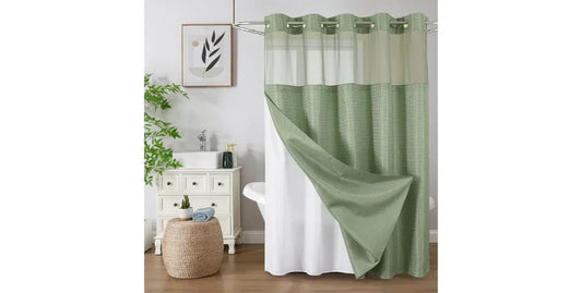 Green and white no-hook shower curtain with mesh top in modern bathroom
