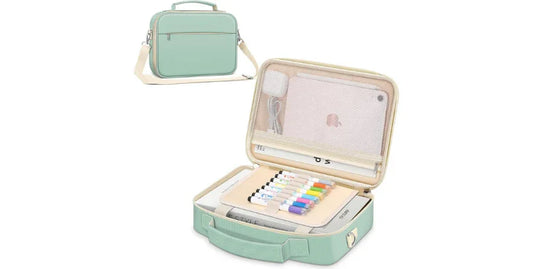 Mint green tech and art organizer bag with shoulder strap, open to show compartments for tablet, charger, and markers