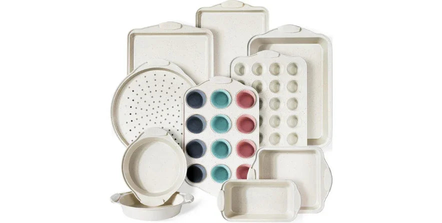 22-piece beige nonstick baking pan set including muffin, pizza, cake, and loaf pans