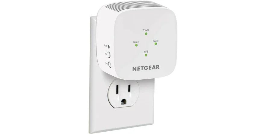 NETGEAR WiFi Mesh Range Extender EX5000 plugged into wall outlet with green indicator lights