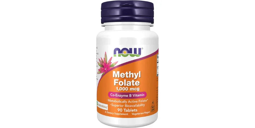 NOW Foods Methyl Folate 1000 mcg dietary supplement bottle with 90 tablets and co-enzyme B vitamin
