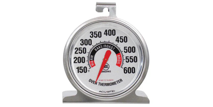 AcuRite metal oven thermometer showing temperature range 150-600°F for baking, roasting, and broiling