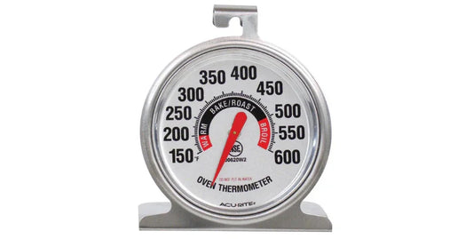 AcuRite metal oven thermometer showing temperature range 150-600°F for baking, roasting, and broiling
