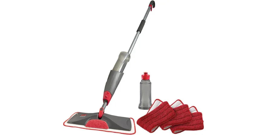 Rubbermaid Reveal spray mop with bottle and four red microfiber cleaning pads on white background