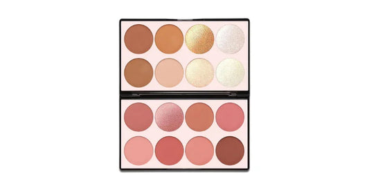 Open makeup contour palette with 16 shades of matte and shimmer bronzers and blushes