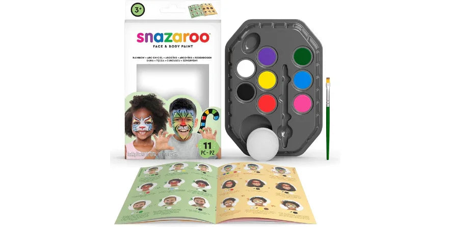 Snazaroo Rainbow face and body paint palette with 8 vibrant colors, brush, sponge, and face paint design guide
