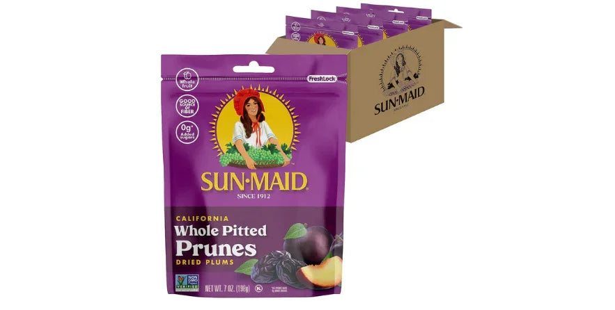 Sun-Maid bag of California whole pitted dried plums prunes with purple packaging and box
