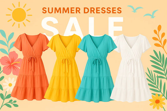 Summer dresses sale banner with orange, yellow, teal, and white tiered wrap dresses on floral background