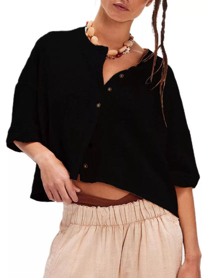 Button-Front Half Sleeve Cardigan Black