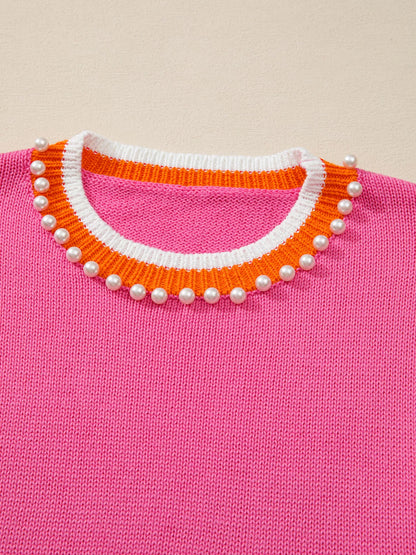 Contrast Crew Neck Pearled Decor Drop Shoulder Knit Sweater