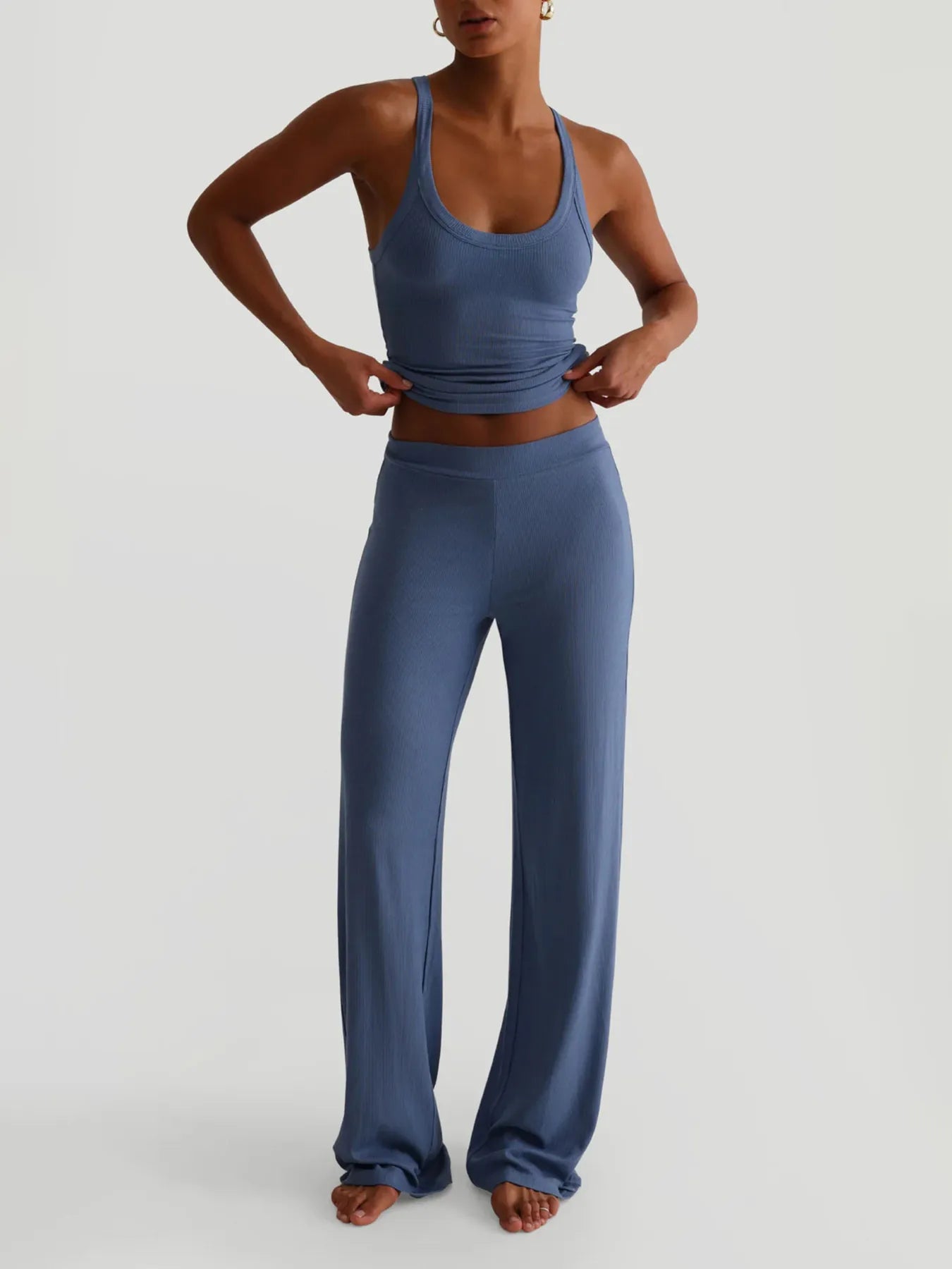 Ribbed Tank and High-Waisted Pants Active Set Blue