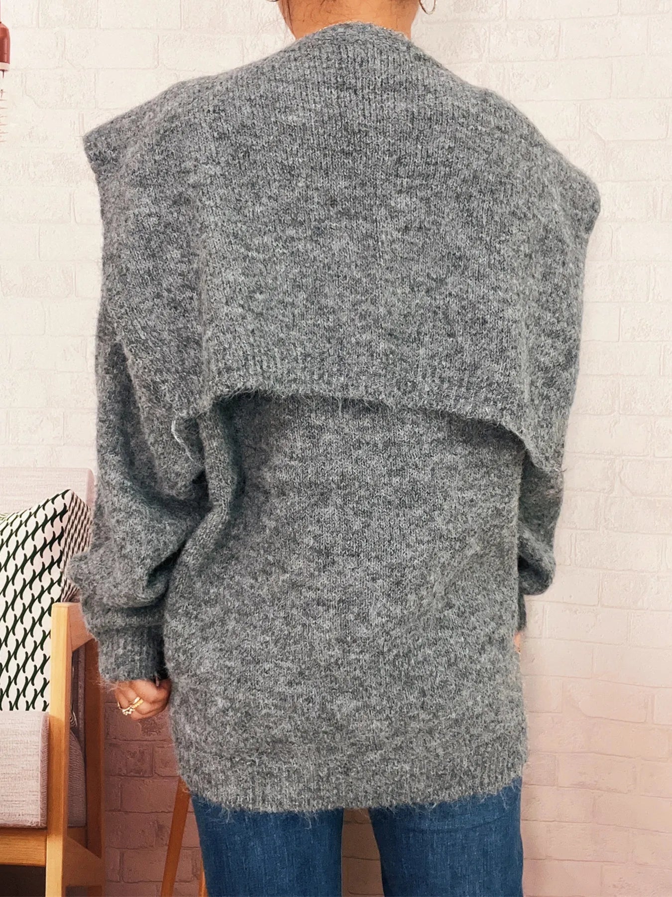 Ribbed Hem V-Neck Sweater with Shawl