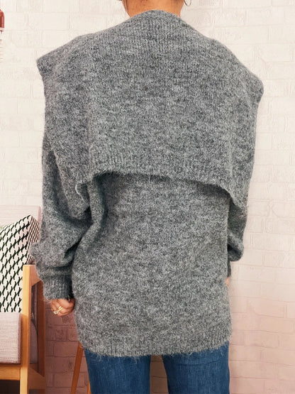 Ribbed Hem V-Neck Sweater with Shawl