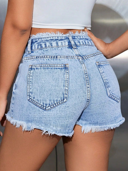 High Waisted Frayed Hem Denim Shorts
