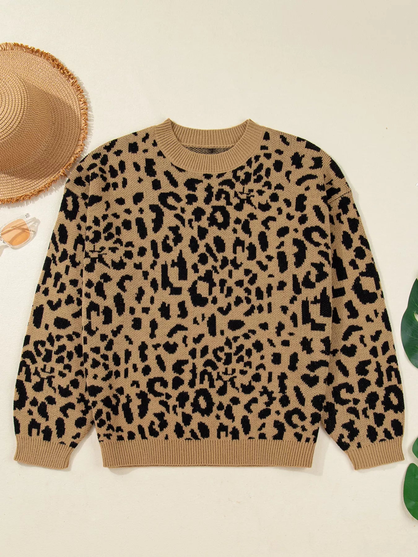 Ribbed Trim Round Neck Leopard Drop Shoulder Sweater