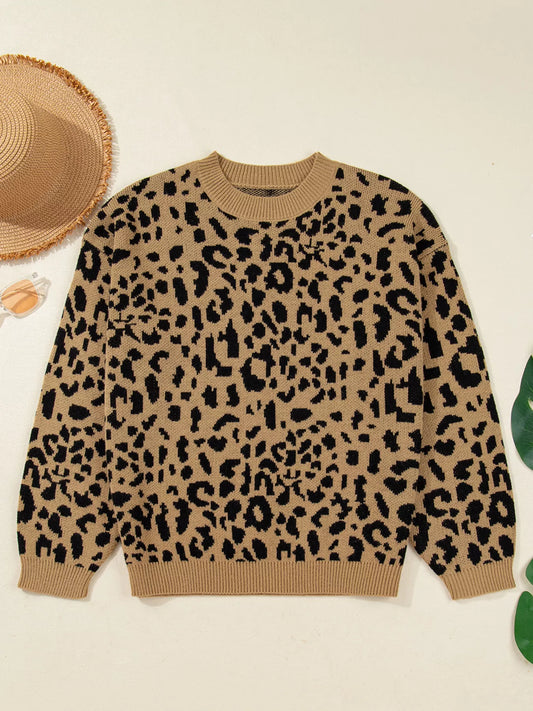 Ribbed Trim Round Neck Leopard Drop Shoulder Sweater
