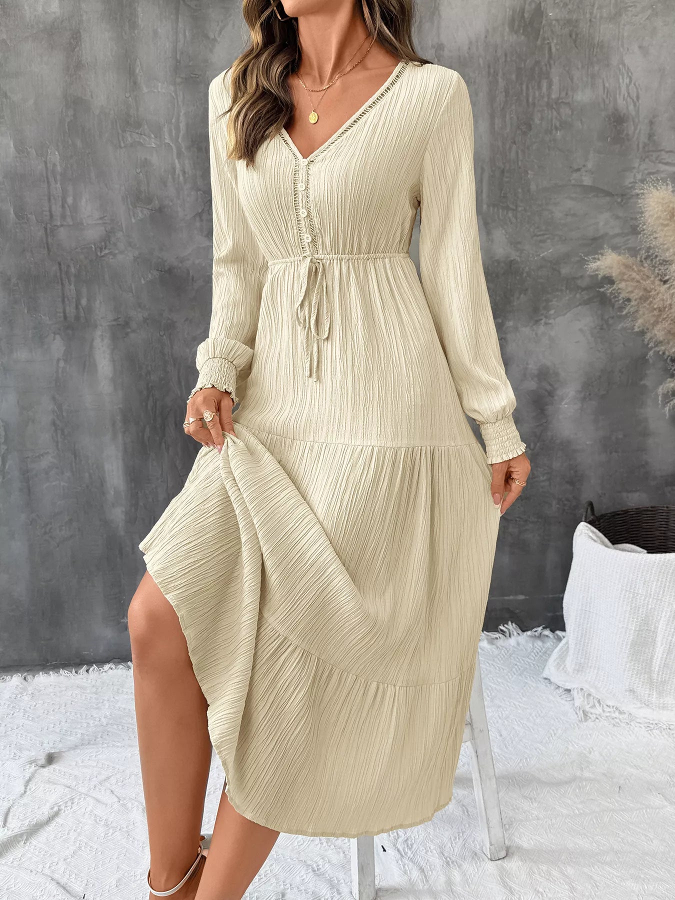 Tiered V-Neck Long Sleeve Dress