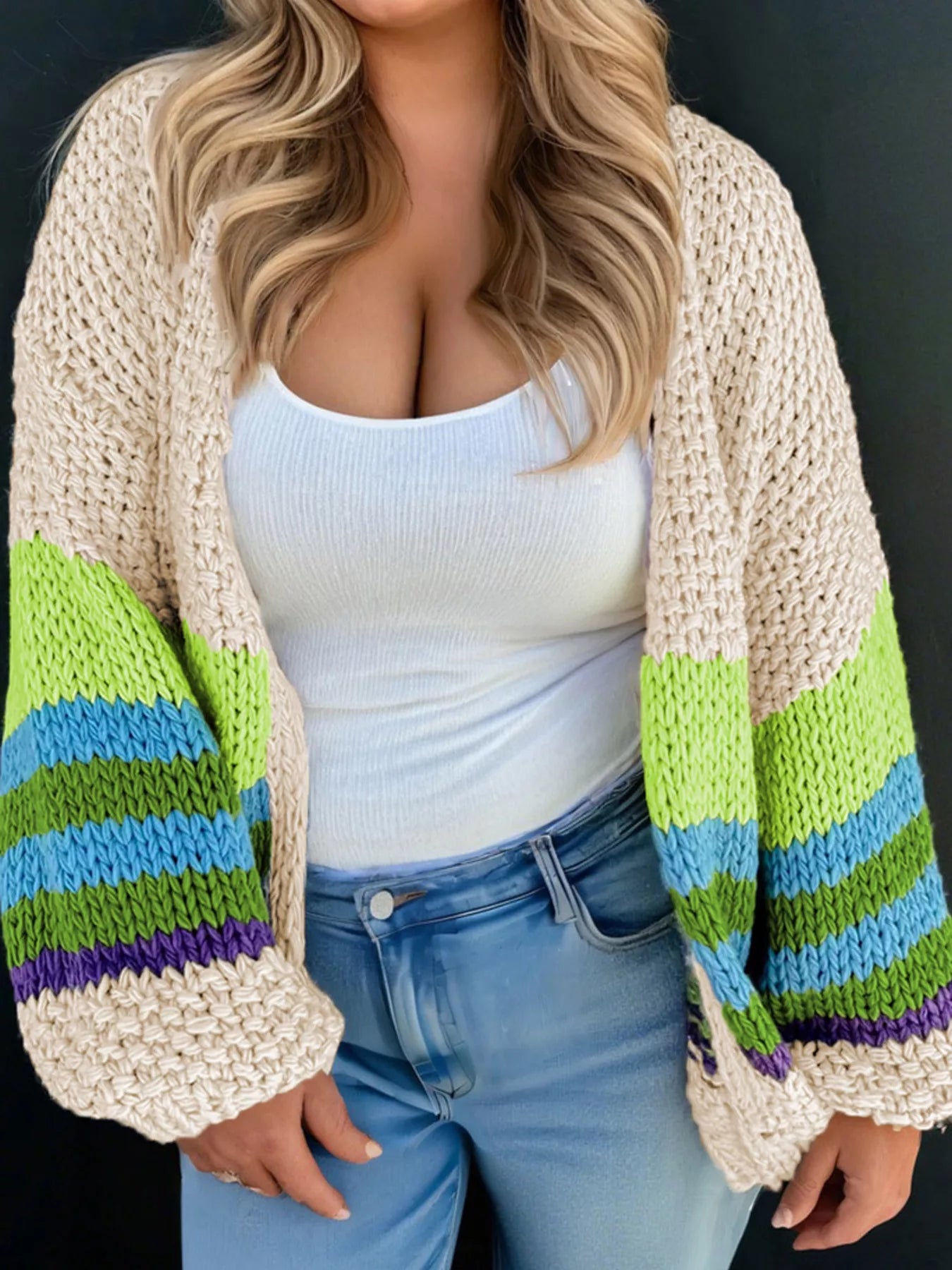 Plus Size Color Block Crochet Open Front Cardigan Beige