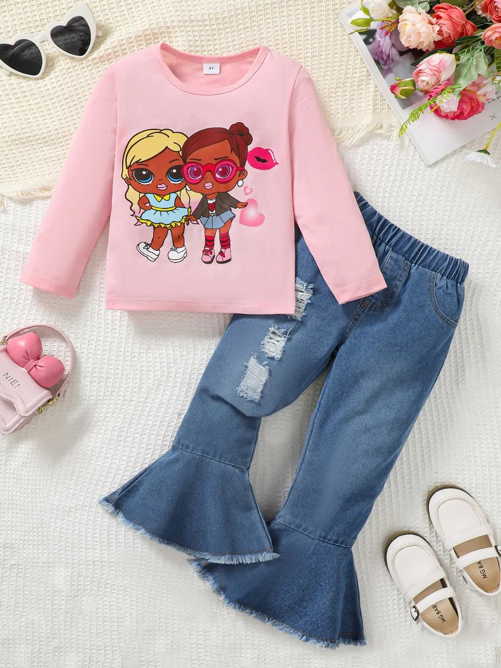 Children's Round Neck Graphic Top and Pants Set Blush Pink